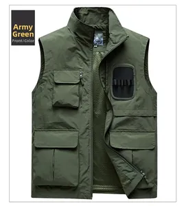 Detail view of military green outdoor vest with breathable mesh lining and pockets