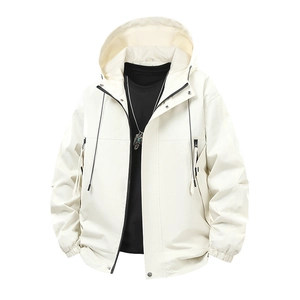 Veste coupe-vent blanche à capuche avec poches zippées et poignets élastiques pour le sport