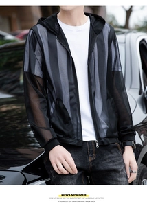 Detail of black mesh sun protection jacket with breathable hood and full zip closure