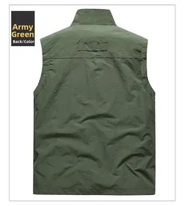 Army green outdoor utility vest with functional back stitching and durable nylon fabric