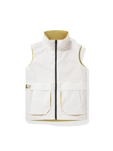Minimalist white reversible vest with stand collar and contrasting ginger yellow lining