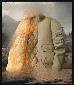 Detail of men's bomber jacket with quilted lining and utility pockets in rugged outdoor style