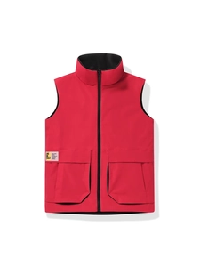 Red reversible vest with stand collar and cargo pockets featuring urban print