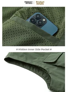 Detail of hidden inner pocket on olive green tactical vest with breathable mesh fabric