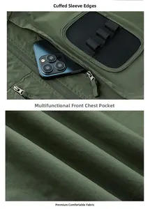 Detail of army green utility vest featuring ripstop fabric and multi-pocket metal zipper