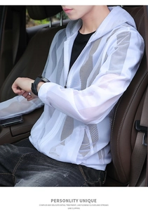 Detail view of white breathable mesh sun protection jacket worn inside a vehicle