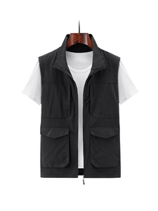 Men Outdoor Multi Pocket Cargo Vest Stand Collar Zip Thin Quick Dry Fishing Photography Casual Sleeveless Jacket Top