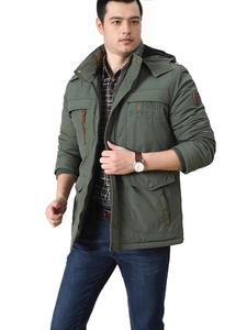 Men's army green hooded outdoor jacket with warm fleece lining and chest letter print