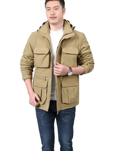 Men's khaki multi-pocket work jacket with adjustable hood and windproof zip closure