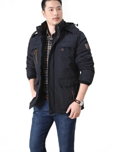 Men's thickened hooded outdoor jacket in black with embroidered logo and arm badge