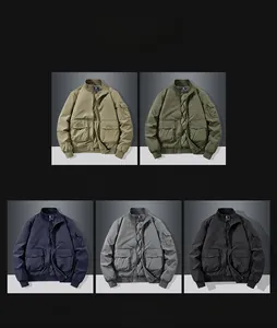 Detail view of cargo flight jacket with multiple utility pockets and elastic rib trim