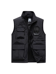 Men's black multi-pocket utility vest with stand collar for fishing and photography