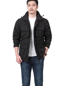 Men's black multi-pocket cargo jacket with hooded stand collar and durable fabric