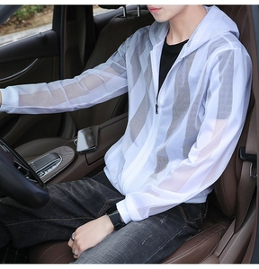 Detail of breathable white mesh fabric on men's summer sun protection hoodie jacket