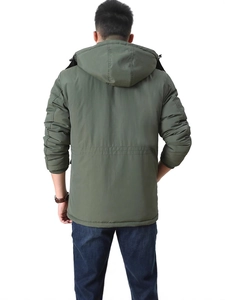 Men's outdoor army green hooded windproof jacket with ribbed cuffs shown from the back