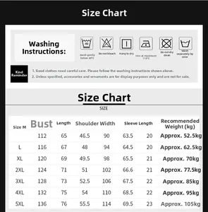 Detailed size guide table and washing instructions for men's bomber flight jacket