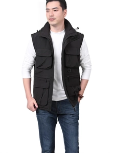 Men's versatile black tactical multi-pocket outdoor vest with zipper and high collar