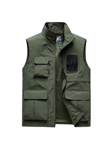 Army green multi-pocket outdoor vest with stand collar and mesh lining for fishing