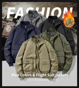 Detail view of multi-pocket flight jackets with quilted lining in five different colors
