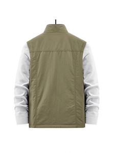 Men's outdoor stand collar vest in khaki, windproof sleeveless jacket back view