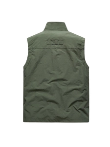 Army green multi-pocket outdoor fishing vest for men with stand collar and durable fabric