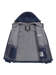 Giacca in pile blu scuro con cappuccio da uomo con fodera grigia e zip a tutta lunghezza