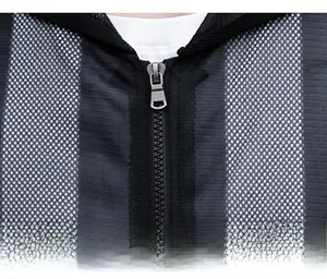 Detail of breathable black mesh fabric and high-quality metal zipper on summer jacket
