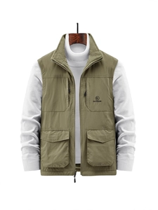 Army green outdoor multi-pocket vest with stand collar and full zipper closure