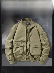 Detail of khaki cargo jacket with diamond quilted lining and utility pockets