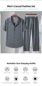 Detail of grey-blue short-sleeve shirt and matching drawstring trousers on a hanger