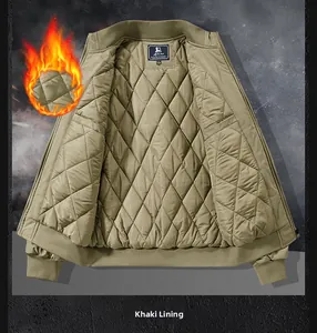 Detail of khaki jacket showing warm diamond-quilted lining and thick insulated padding