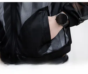 Detail of side pocket and breathable mesh fabric on black lightweight sun jacket