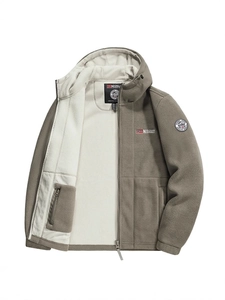 Giacca in pile con cappuccio da uomo in verde grigio scuro con calda fodera bianca