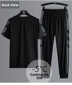 Men's ice silk sport set with breathable black t-shirt and pants showing back details