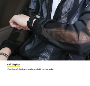 Detail of elastic ribbed cuffs on a black mesh breathable summer sun protection jacket