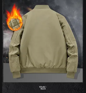 Detail view of khaki bomber jacket back with thermal quilted lining and ribbed cuffs