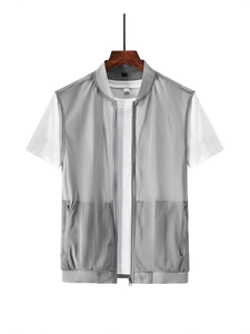 Gilet da pesca da uomo in mesh grigio, asciugatura rapida con chiusura a zip