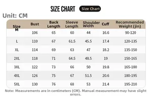 Tableau des tailles détaillé pour veste de protection solaire homme de M à 5XL