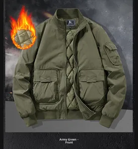 Detail of military green bomber jacket featuring quilted lining and cargo sleeve pocket