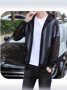 Men's Sun Protection Jacket Mesh Breathable Hooded Zip Up Sports Outerwear Lightweight Summer Striped Casual Windbreaker For Men