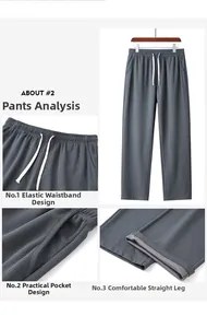 Detail view of dark gray trousers featuring vertical texture, elastic waist and side pockets