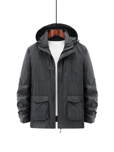 Herren Outdoor Kapuzenjacke Winddicht Wasserdicht Multi-Taschen Cargo Mantel Sportlich Lässig Nylon Polyester Oberbekleidung