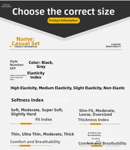 Detailed size and material chart for quick-dry casual men's fashion set in 100% polyester