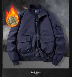 Detail of navy flight jacket with ribbed cuffs and diamond quilted lining for warmth