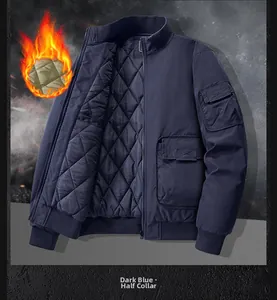 Detail of navy flight jacket featuring diamond quilted lining and utility arm pocket