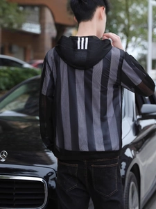 Men's breathable mesh sun protection jacket with hood and white stripes on back