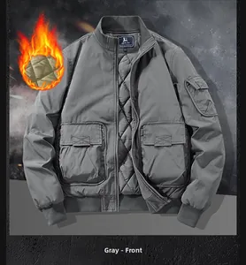 Detail view showing warm diamond-quilted lining and ribbed collar of grey bomber jacket