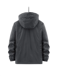 Dunkelgraue Windjacke für Herren mit Kapuze, Rückansicht und elastischen Bündchen für Outdoor