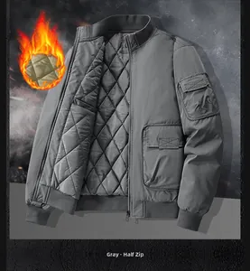 Detail of grey men's flight jacket showing quilted lining and ribbed cuffs