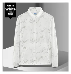 Détail de la veste solaire blanche pour homme avec motif marbre gris et zip intégral